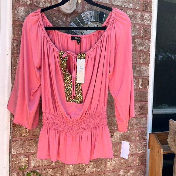 New!! Fall BoHo Sky Embellished Elastic Waist Peasant Top Salmon Pink Size M - Picture 4 of 10